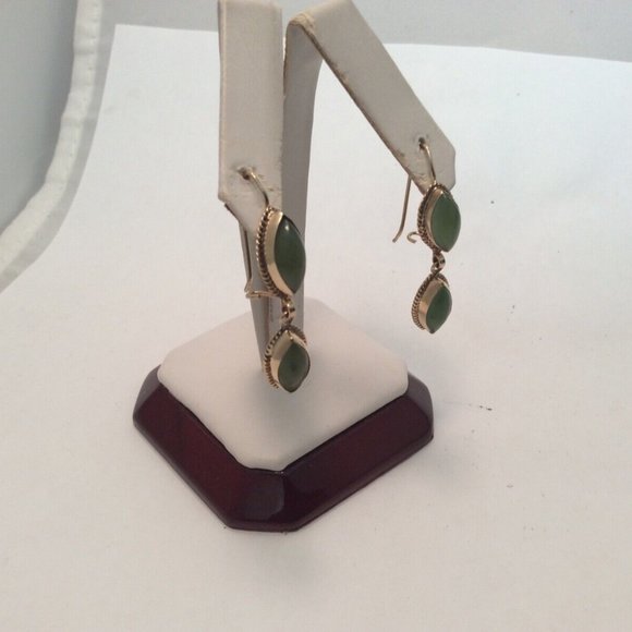 14k Real Yellow Gold Natural Jade Drop Hanging Lady Earrings 3.70gr - Picture 8 of 8